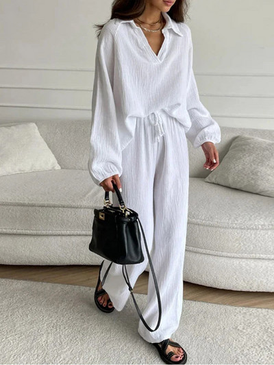 Brīvs, ikdienišķs, divdaļīgs sieviešu uzvalks, balts ar garām piedurknēm, mežģīņu bikšu komplekti sievietēm, 2024. g.