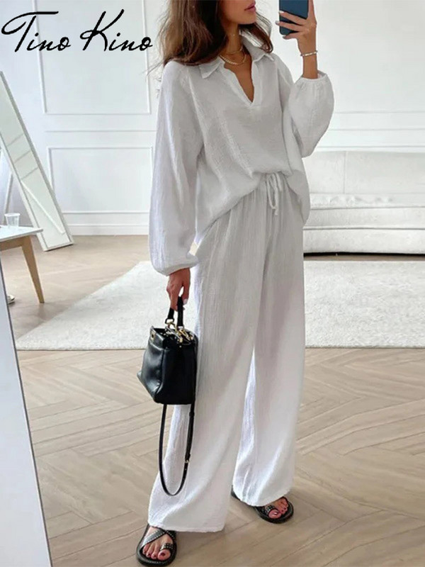 Brīvs, ikdienišķs, divdaļīgs sieviešu uzvalks, balts ar garām piedurknēm, mežģīņu bikšu komplekti sievietēm, 2024. g.