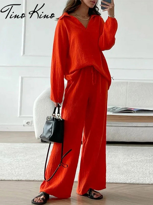 Brīvs, ikdienišķs, divdaļīgs sieviešu uzvalks, balts ar garām piedurknēm, mežģīņu bikšu komplekti sievietēm, 2024. g.