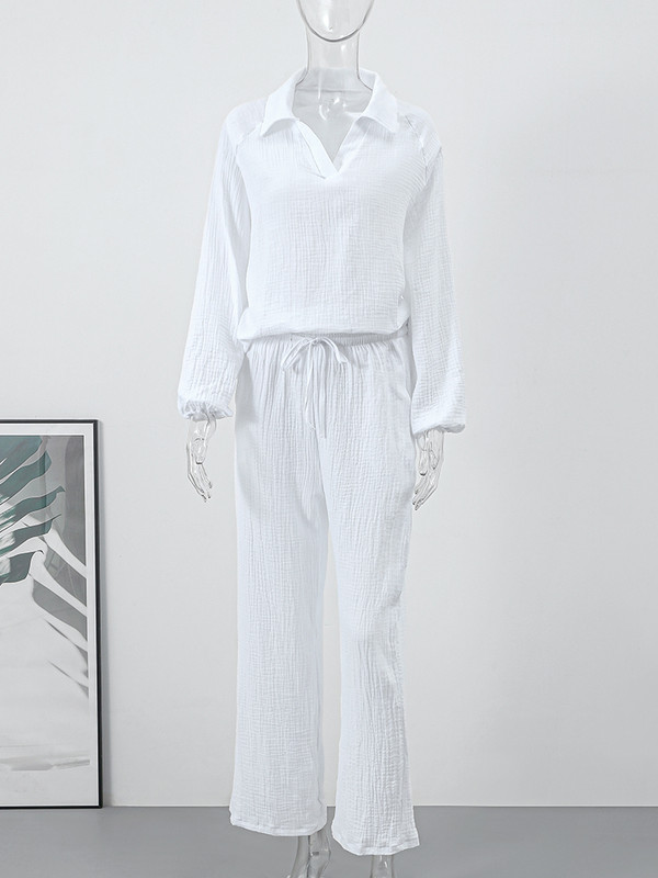 Brīvs, ikdienišķs, divdaļīgs sieviešu uzvalks, balts ar garām piedurknēm, mežģīņu bikšu komplekti sievietēm, 2024. g.