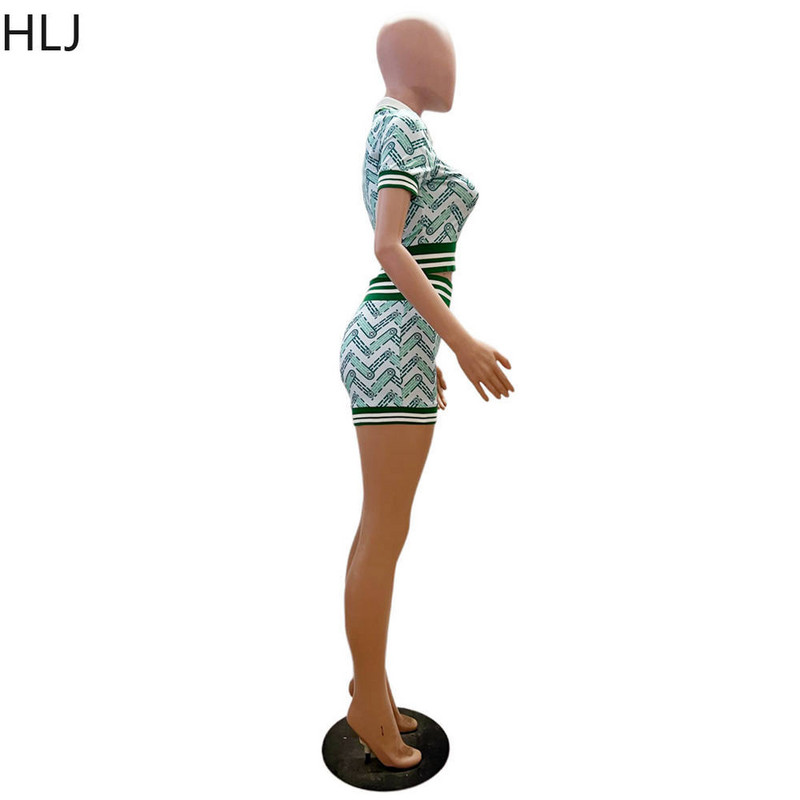 HLJ Blue Summer Printing Šorti Divdaļīgs Komplekti Sieviešu Polo Nack Crop Top Un Šorti Apģērbi Modes Y2K Atbilstoši 2gab Streetwear