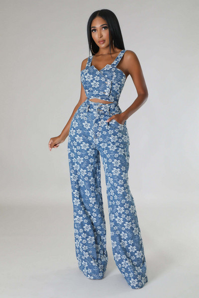 CM.YAYA Jean žakarda ziedu ziedu komplekts sievietēm, siksniņas, apgriežams augšpusē un taisnas, platas bikses, 2023. gada divi 2 daļīgie komplekti, apģērbs, treniņtērps