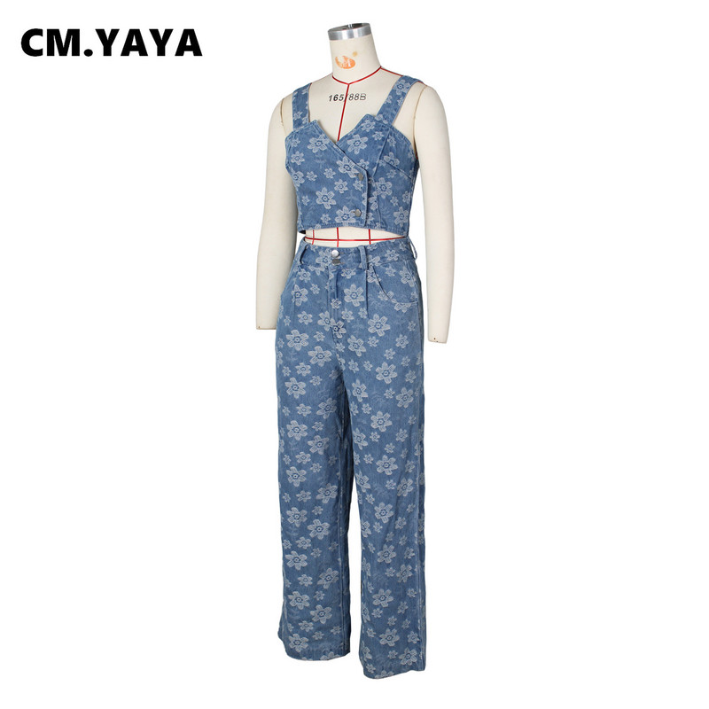 CM.YAYA Jean žakarda ziedu ziedu komplekts sievietēm, siksniņas, apgriežams augšpusē un taisnas, platas bikses, 2023. gada divi 2 daļīgie komplekti, apģērbs, treniņtērps