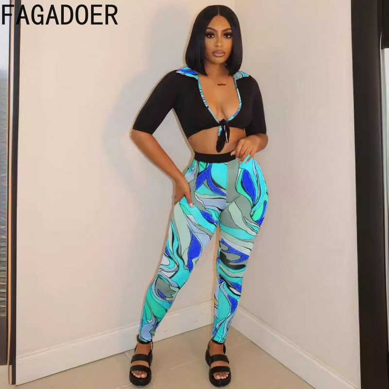 FAGADOER Sexy V kakla apdrukas pārsējs šauras bikses divdaļīgs komplekts sievietēm ar īsām piedurknēm apgriezts tops + bikses tērpi modes ielas apģērbs