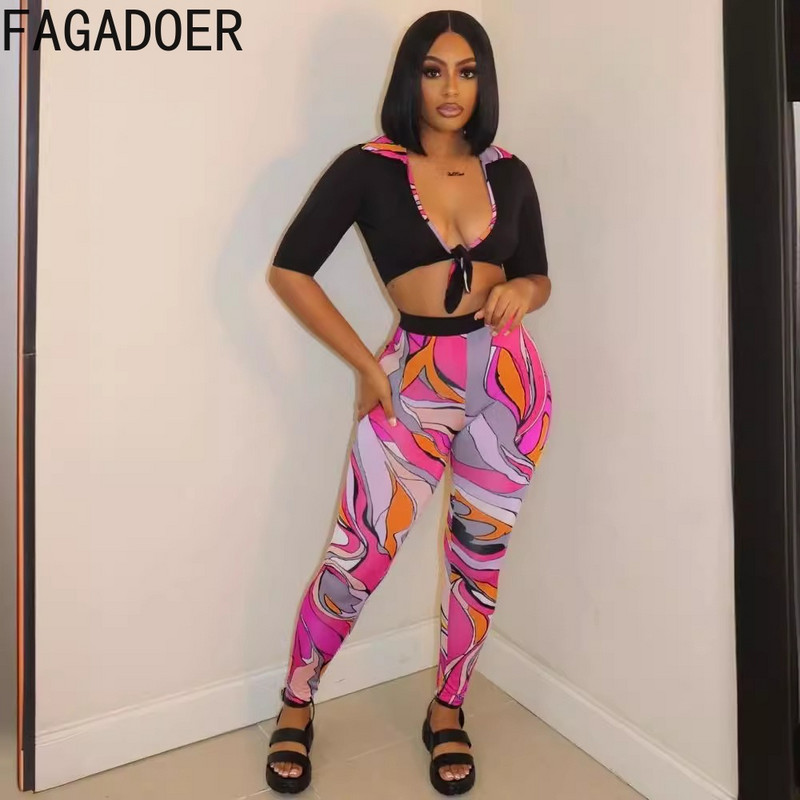 FAGADOER Sexy V kakla apdrukas pārsējs šauras bikses divdaļīgs komplekts sievietēm ar īsām piedurknēm apgriezts tops + bikses tērpi modes ielas apģērbs