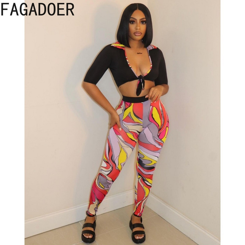FAGADOER Sexy V kakla apdrukas pārsējs šauras bikses divdaļīgs komplekts sievietēm ar īsām piedurknēm apgriezts tops + bikses tērpi modes ielas apģērbs