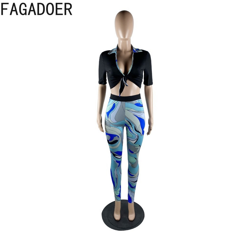 FAGADOER Sexy V kakla apdrukas pārsējs šauras bikses divdaļīgs komplekts sievietēm ar īsām piedurknēm apgriezts tops + bikses tērpi modes ielas apģērbs