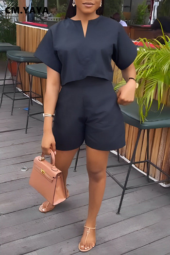 CM.YAYA 2024 Καλοκαιρινό μασίφ κοντομάνικο γυναικείο σετ μπλουζάκια με λαιμόκοψη + σορτς Σετ 2 Σετ δύο τμχ Αθλητικές φόρμες δρόμου Casual outfits
