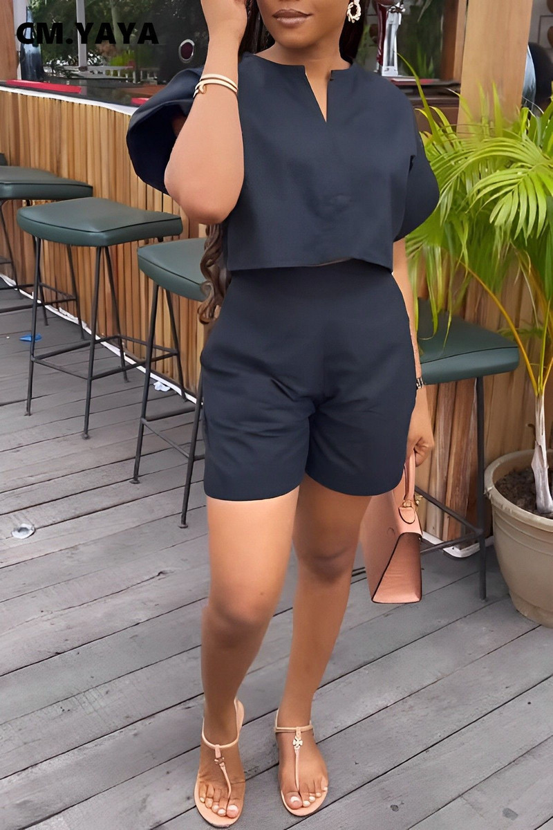 CM.YAYA 2024. Ljetni jednobojni ženski komplet kratkih rukava Majice s O-izrezom + kratke hlače Komplet od 2 kompleta od dva komada Ulične trenirke Ležerna odjeća