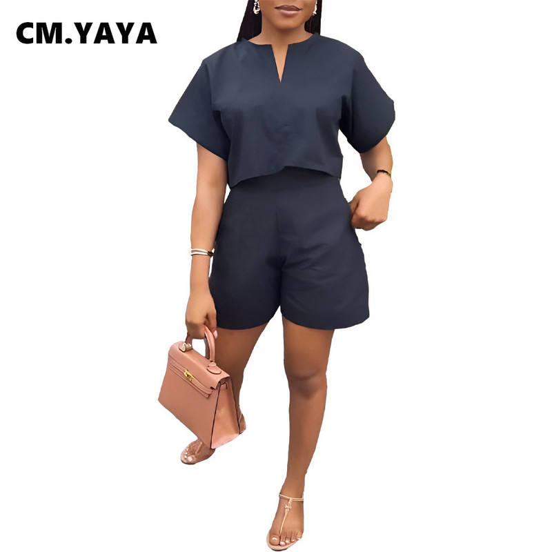 CM.YAYA 2024. Ljetni jednobojni ženski komplet kratkih rukava Majice s O-izrezom + kratke hlače Komplet od 2 kompleta od dva komada Ulične trenirke Ležerna odjeća
