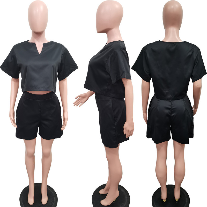CM.YAYA 2024. Ljetni jednobojni ženski komplet kratkih rukava Majice s O-izrezom + kratke hlače Komplet od 2 kompleta od dva komada Ulične trenirke Ležerna odjeća