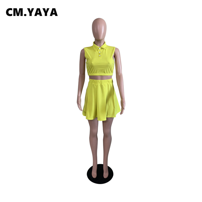 CM.YAYA Femei Mini-fuste plisate Costum și mini tricou cu gât răsturnat Casual Se potrivesc Sexy Două 2 piese Set ținute vara 2022