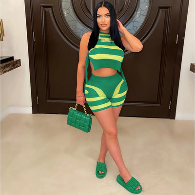 CM.YAYA spausdintas elegantiškas moteriškas komplektas, surišamas atviras šoninis apkarpytas viršus ir šortų rinkinys, 2023 m. vasaros mados dviejų 2 dalių komplektų komplektai, sportinis kostiumas