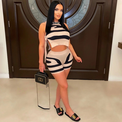 CM.YAYA spausdintas elegantiškas moteriškas komplektas, surišamas atviras šoninis apkarpytas viršus ir šortų rinkinys, 2023 m. vasaros mados dviejų 2 dalių komplektų komplektai, sportinis kostiumas