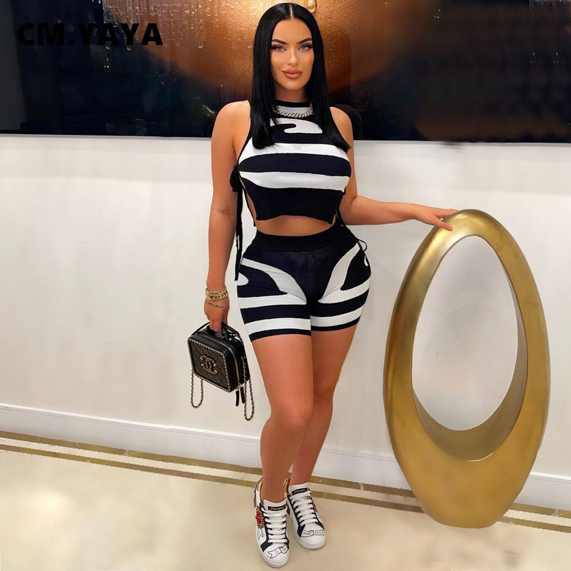 CM.YAYA spausdintas elegantiškas moteriškas komplektas, surišamas atviras šoninis apkarpytas viršus ir šortų rinkinys, 2023 m. vasaros mados dviejų 2 dalių komplektų komplektai, sportinis kostiumas