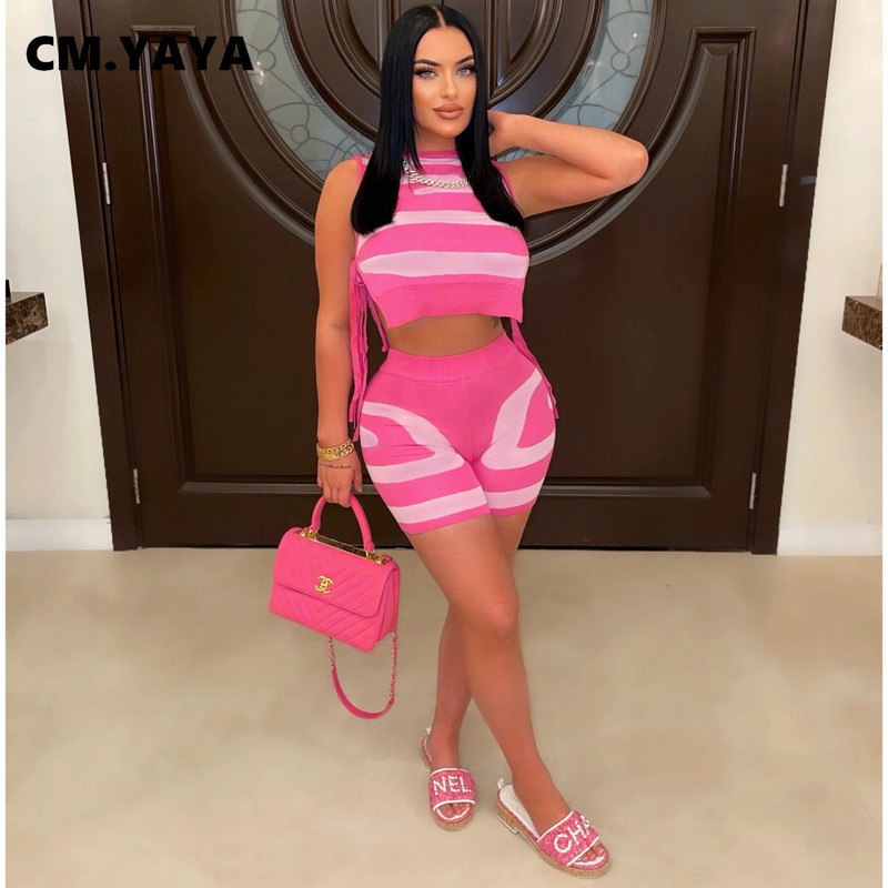 CM.YAYA spausdintas elegantiškas moteriškas komplektas, surišamas atviras šoninis apkarpytas viršus ir šortų rinkinys, 2023 m. vasaros mados dviejų 2 dalių komplektų komplektai, sportinis kostiumas