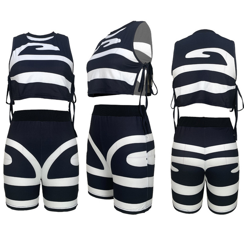 CM.YAYA spausdintas elegantiškas moteriškas komplektas, surišamas atviras šoninis apkarpytas viršus ir šortų rinkinys, 2023 m. vasaros mados dviejų 2 dalių komplektų komplektai, sportinis kostiumas