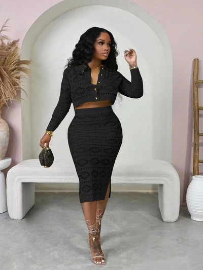 CM.YAYA mados megztas briaunotas nertas moteriškas megztinis ilgomis rankovėmis Cargidan ir Bodycon vidutinio dydžio sijonas 2023 m. dviejų 2 dalių komplektas