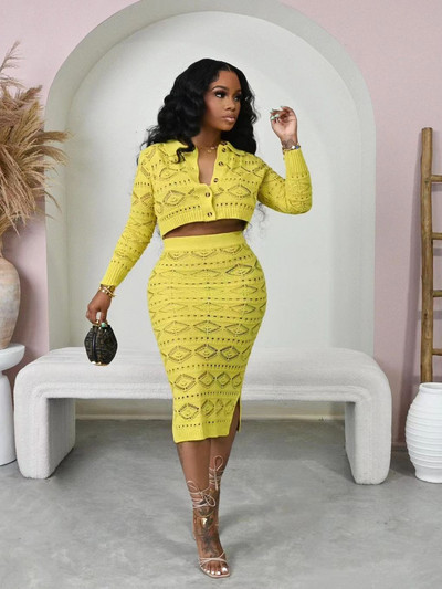 CM.YAYA mados megztas briaunotas nertas moteriškas megztinis ilgomis rankovėmis Cargidan ir Bodycon vidutinio dydžio sijonas 2023 m. dviejų 2 dalių komplektas