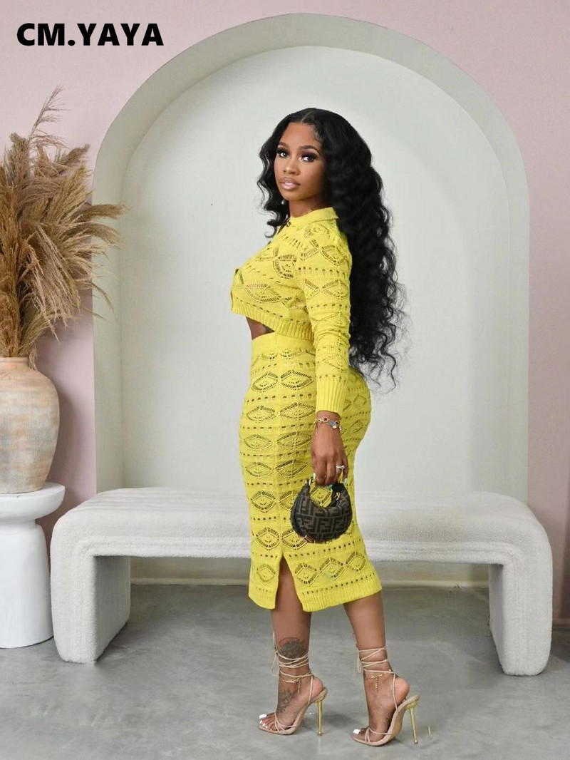 CM.YAYA mados megztas briaunotas nertas moteriškas megztinis ilgomis rankovėmis Cargidan ir Bodycon vidutinio dydžio sijonas 2023 m. dviejų 2 dalių komplektas