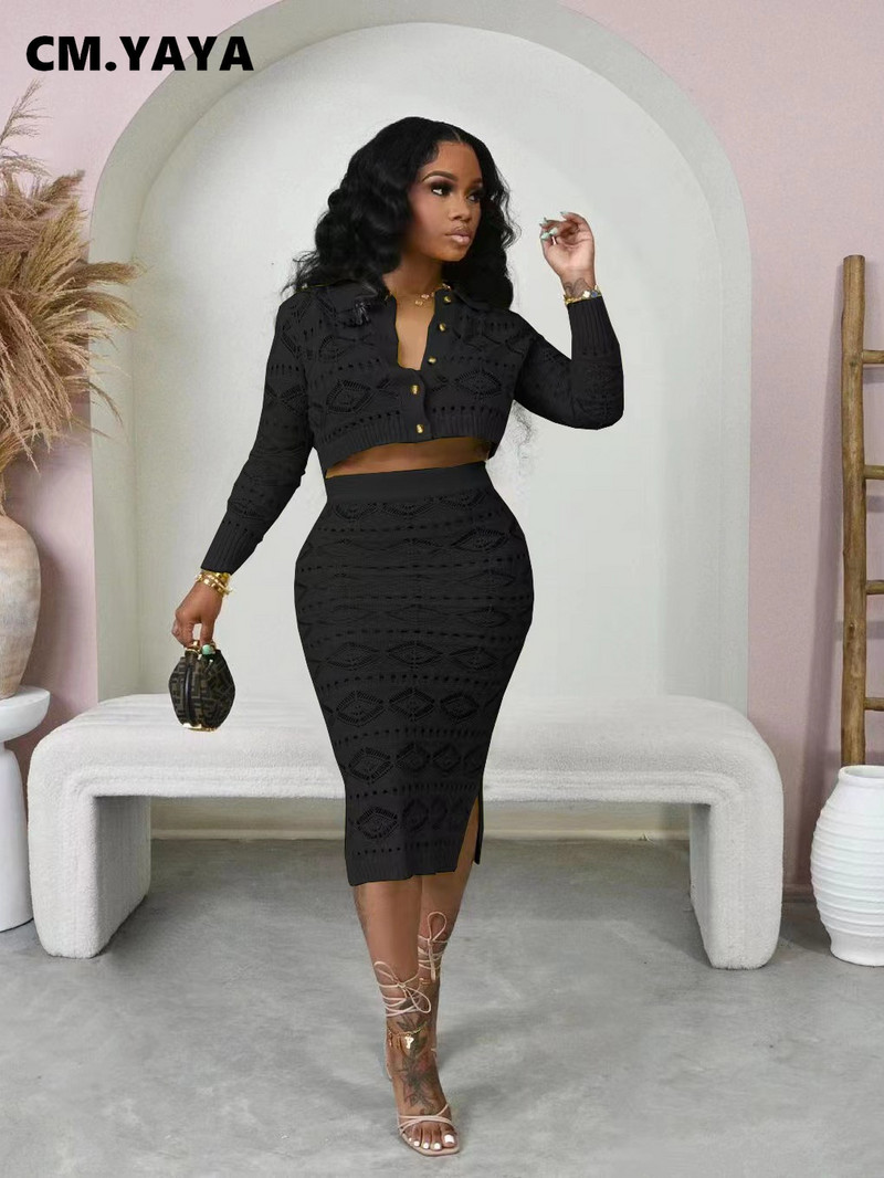 CM.YAYA mados megztas briaunotas nertas moteriškas megztinis ilgomis rankovėmis Cargidan ir Bodycon vidutinio dydžio sijonas 2023 m. dviejų 2 dalių komplektas