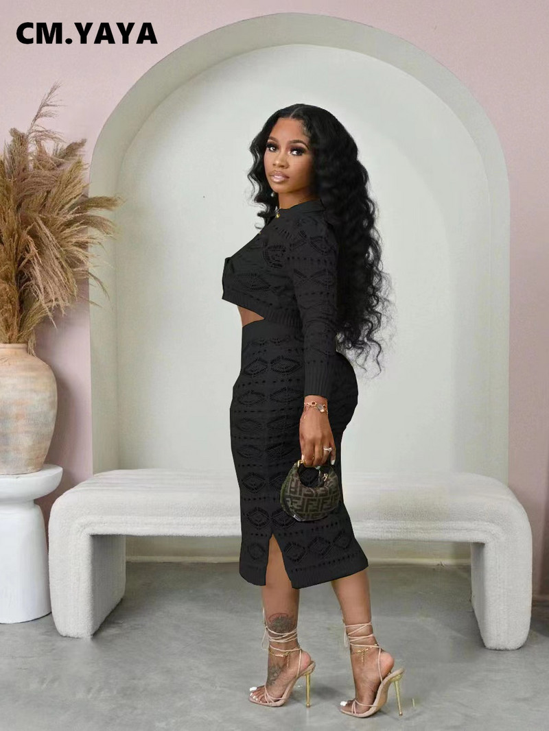 CM.YAYA mados megztas briaunotas nertas moteriškas megztinis ilgomis rankovėmis Cargidan ir Bodycon vidutinio dydžio sijonas 2023 m. dviejų 2 dalių komplektas