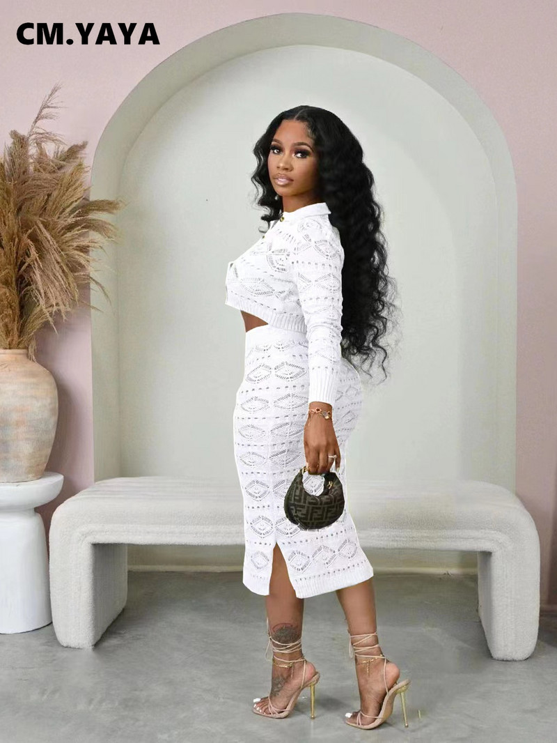 CM.YAYA mados megztas briaunotas nertas moteriškas megztinis ilgomis rankovėmis Cargidan ir Bodycon vidutinio dydžio sijonas 2023 m. dviejų 2 dalių komplektas