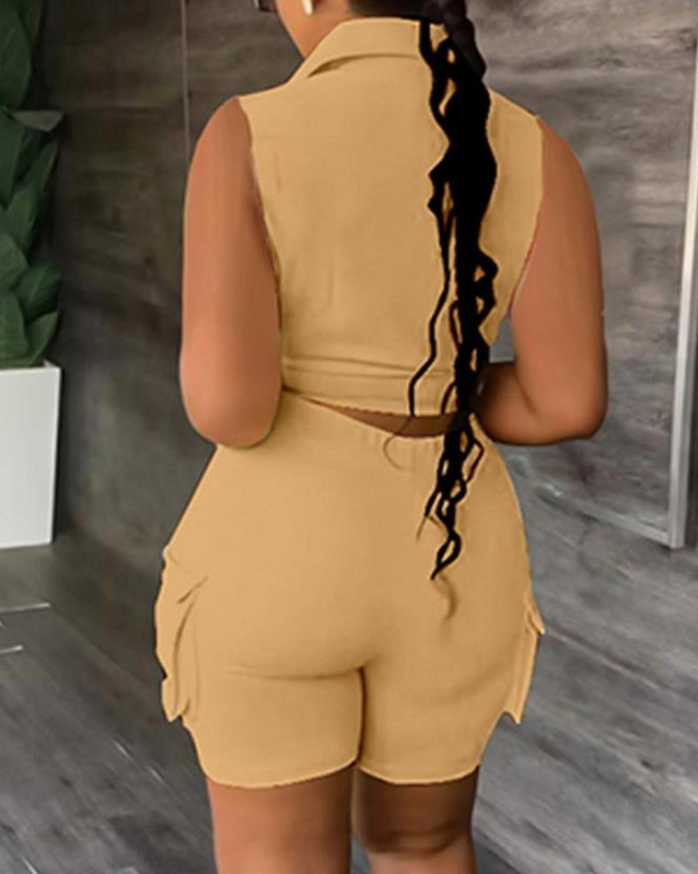 seksikad naiste kaheosalised komplektid, nööpidega tasku disainiga varrukateta ülaosa ja kõrge vöökohaga lühikesed püksid, uus mood 2023 suvine vabaaja