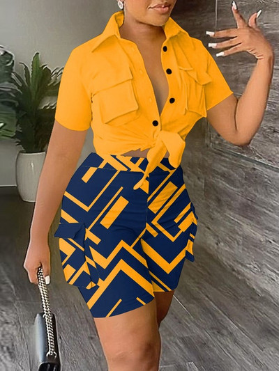 Sieviešu ikdienas divu gabalu komplekti, apģērbs, elegants kabatas dizains ar pogām un šorti ar augstu vidukli, jauns modes 2023. gada vasara