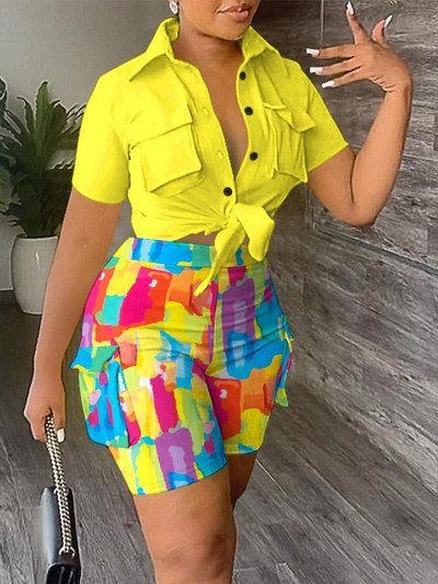 Sieviešu ikdienas divu gabalu komplekti, apģērbs, elegants kabatas dizains ar pogām un šorti ar augstu vidukli, jauns modes 2023. gada vasara