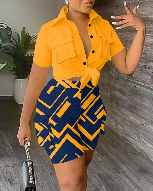 Sieviešu ikdienas divu gabalu komplekti, apģērbs, elegants kabatas dizains ar pogām un šorti ar augstu vidukli, jauns modes 2023. gada vasara