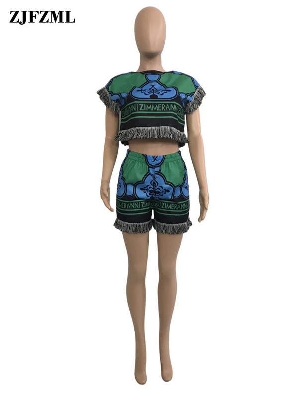 Tautas stila grafiskā estētiskā apdruka Sieviešu treniņtērpi, pušķi ar īsām piedurknēm, apgriezti, un šorti ar augstu vidukli 2 daļ.