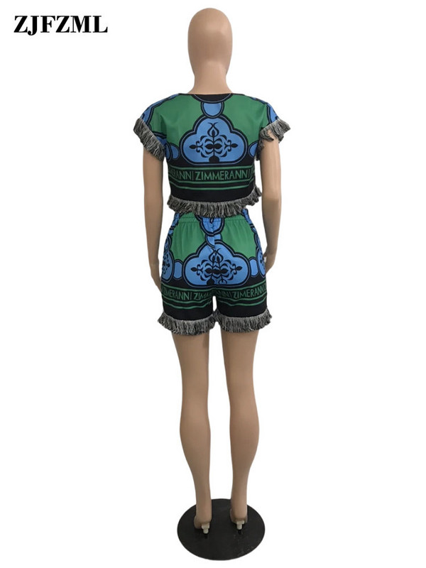 Tautas stila grafiskā estētiskā apdruka Sieviešu treniņtērpi, pušķi ar īsām piedurknēm, apgriezti, un šorti ar augstu vidukli 2 daļ.