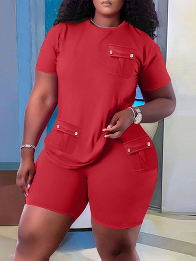 Ocazional Set Două Piese Femei 2023 Vară Solid mânecă scurtă Buzunar Splicing Pulover Topuri și pantaloni scurți Seturi de îmbrăcăminte sport simplu pentru plajă