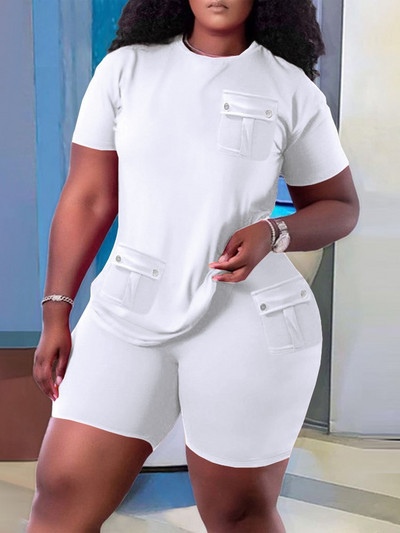 Ocazional Set Două Piese Femei 2023 Vară Solid mânecă scurtă Buzunar Splicing Pulover Topuri și pantaloni scurți Seturi de îmbrăcăminte sport simplu pentru plajă