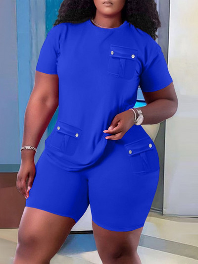 Ocazional Set Două Piese Femei 2023 Vară Solid mânecă scurtă Buzunar Splicing Pulover Topuri și pantaloni scurți Seturi de îmbrăcăminte sport simplu pentru plajă