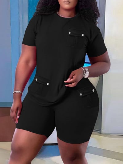 Ocazional Set Două Piese Femei 2023 Vară Solid mânecă scurtă Buzunar Splicing Pulover Topuri și pantaloni scurți Seturi de îmbrăcăminte sport simplu pentru plajă