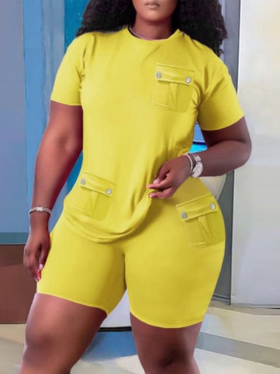 Ocazional Set Două Piese Femei 2023 Vară Solid mânecă scurtă Buzunar Splicing Pulover Topuri și pantaloni scurți Seturi de îmbrăcăminte sport simplu pentru plajă