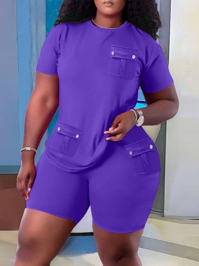 Ocazional Set Două Piese Femei 2023 Vară Solid mânecă scurtă Buzunar Splicing Pulover Topuri și pantaloni scurți Seturi de îmbrăcăminte sport simplu pentru plajă