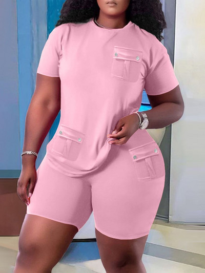 Ocazional Set Două Piese Femei 2023 Vară Solid mânecă scurtă Buzunar Splicing Pulover Topuri și pantaloni scurți Seturi de îmbrăcăminte sport simplu pentru plajă