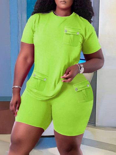 Ocazional Set Două Piese Femei 2023 Vară Solid mânecă scurtă Buzunar Splicing Pulover Topuri și pantaloni scurți Seturi de îmbrăcăminte sport simplu pentru plajă