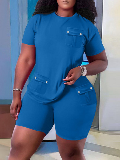 Ocazional Set Două Piese Femei 2023 Vară Solid mânecă scurtă Buzunar Splicing Pulover Topuri și pantaloni scurți Seturi de îmbrăcăminte sport simplu pentru plajă