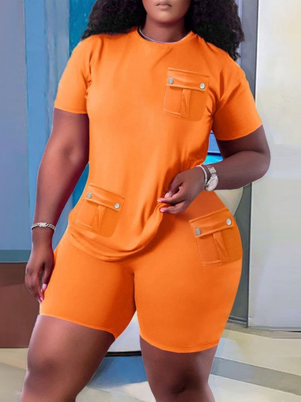 Ocazional Set Două Piese Femei 2023 Vară Solid mânecă scurtă Buzunar Splicing Pulover Topuri și pantaloni scurți Seturi de îmbrăcăminte sport simplu pentru plajă