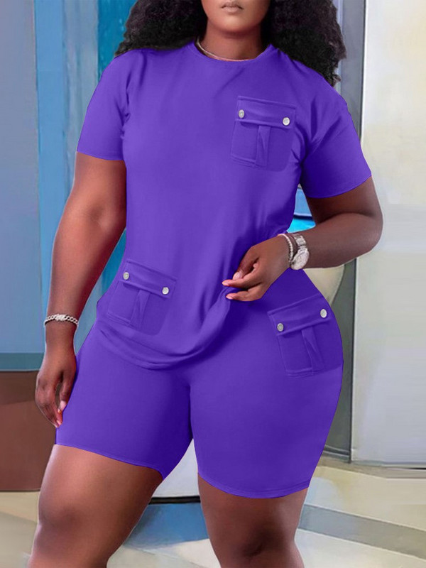 Ocazional Set Două Piese Femei 2023 Vară Solid mânecă scurtă Buzunar Splicing Pulover Topuri și pantaloni scurți Seturi de îmbrăcăminte sport simplu pentru plajă