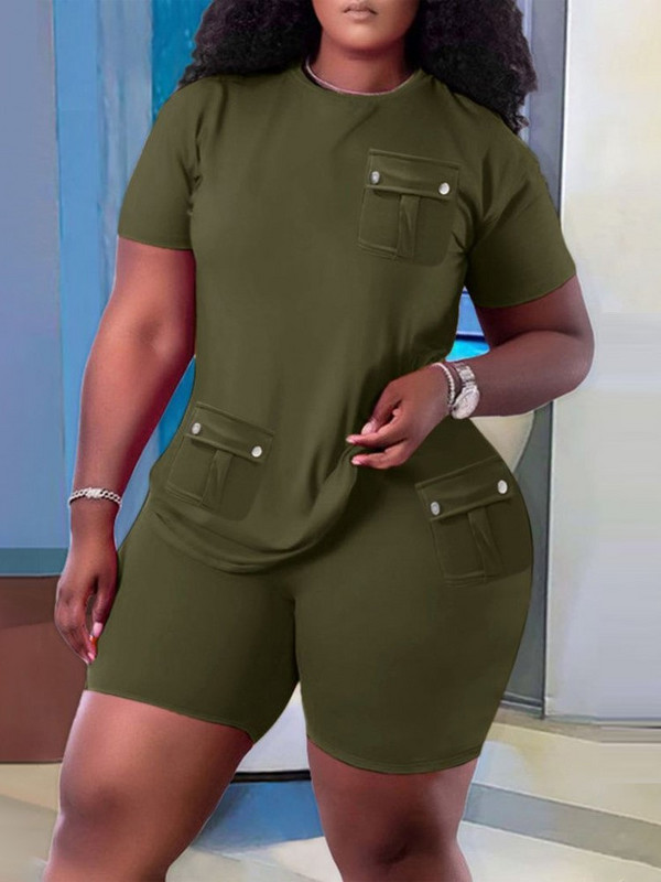 Ocazional Set Două Piese Femei 2023 Vară Solid mânecă scurtă Buzunar Splicing Pulover Topuri și pantaloni scurți Seturi de îmbrăcăminte sport simplu pentru plajă