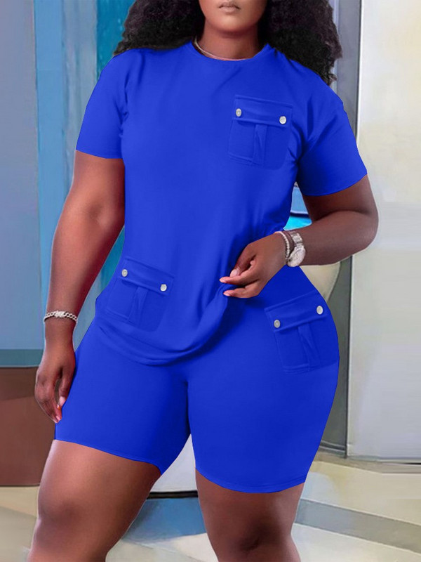 Ocazional Set Două Piese Femei 2023 Vară Solid mânecă scurtă Buzunar Splicing Pulover Topuri și pantaloni scurți Seturi de îmbrăcăminte sport simplu pentru plajă