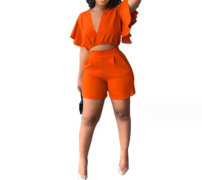 Ținute casual de vară pentru femei, din două piese, de culoare uni, cu decolteu în V, cu volan, cu mânecă scurtă, crop top și buzunare, set de pantaloni scurți de lucru cu picioare drepte