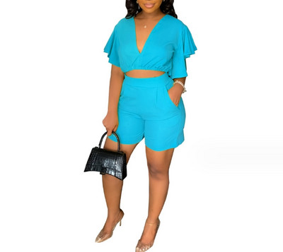 Ținute casual de vară pentru femei, din două piese, de culoare uni, cu decolteu în V, cu volan, cu mânecă scurtă, crop top și buzunare, set de pantaloni scurți de lucru cu picioare drepte