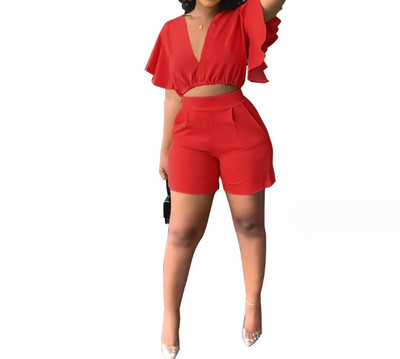 Ținute casual de vară pentru femei, din două piese, de culoare uni, cu decolteu în V, cu volan, cu mânecă scurtă, crop top și buzunare, set de pantaloni scurți de lucru cu picioare drepte