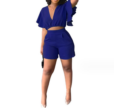 Ținute casual de vară pentru femei, din două piese, de culoare uni, cu decolteu în V, cu volan, cu mânecă scurtă, crop top și buzunare, set de pantaloni scurți de lucru cu picioare drepte